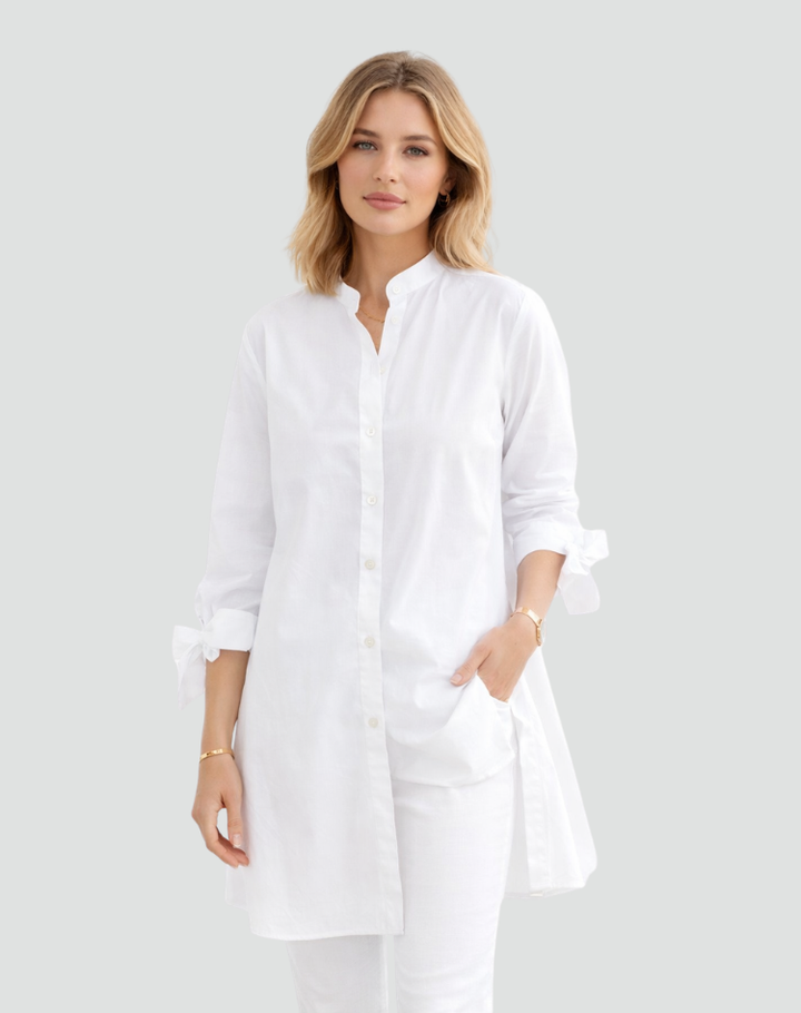Elegant long oversized shirt with tied sleeves
