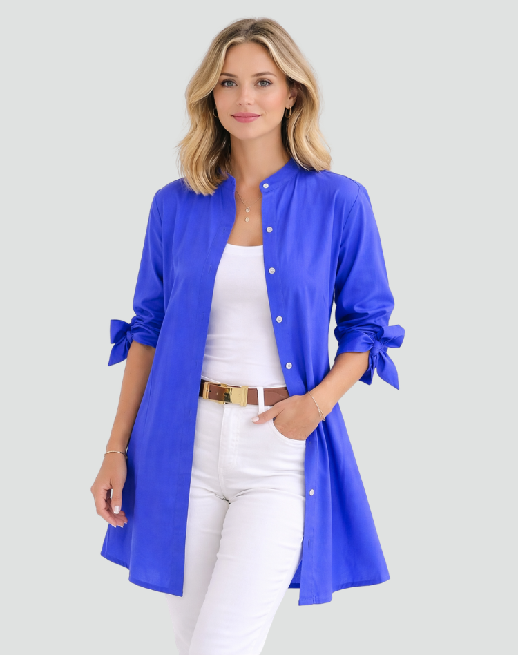 Elegant long oversized shirt with tied sleeves