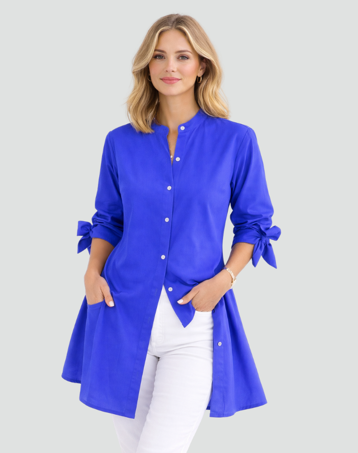 Elegant long oversized shirt with tied sleeves