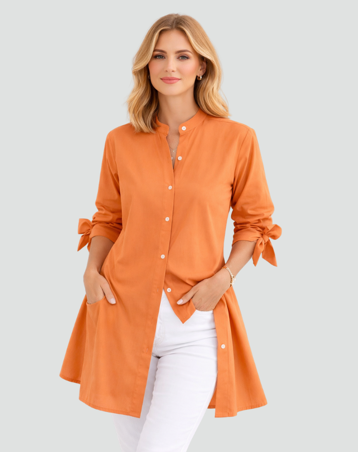 Elegant long oversized shirt with tied sleeves