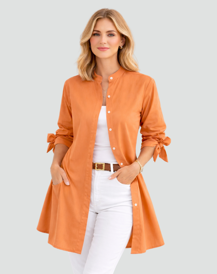Elegant long oversized shirt with tied sleeves
