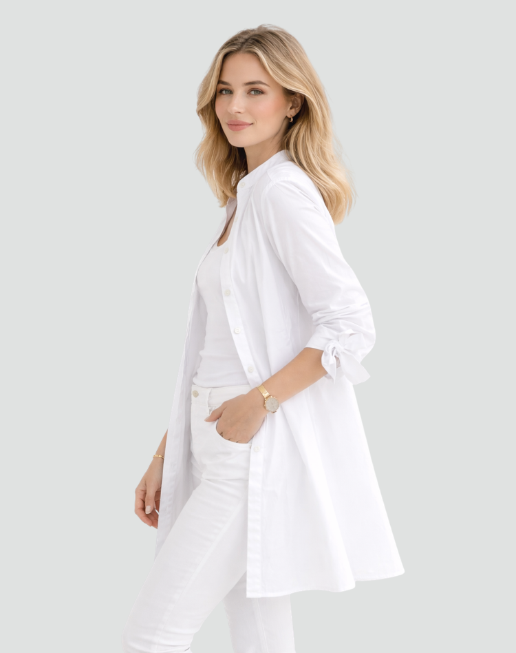 Elegant long oversized shirt with tied sleeves