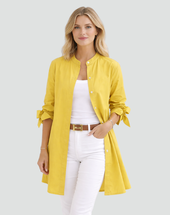 Elegant long oversized shirt with tied sleeves