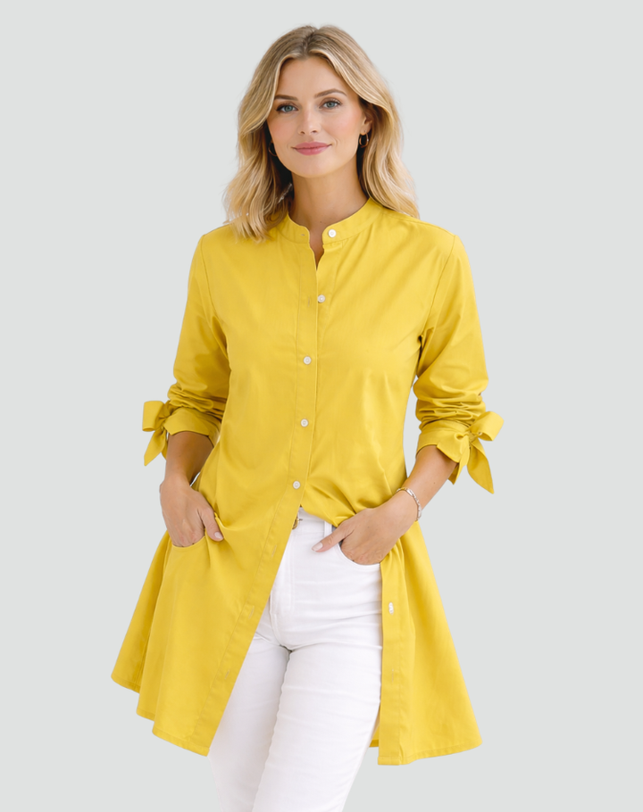 Elegant long oversized shirt with tied sleeves