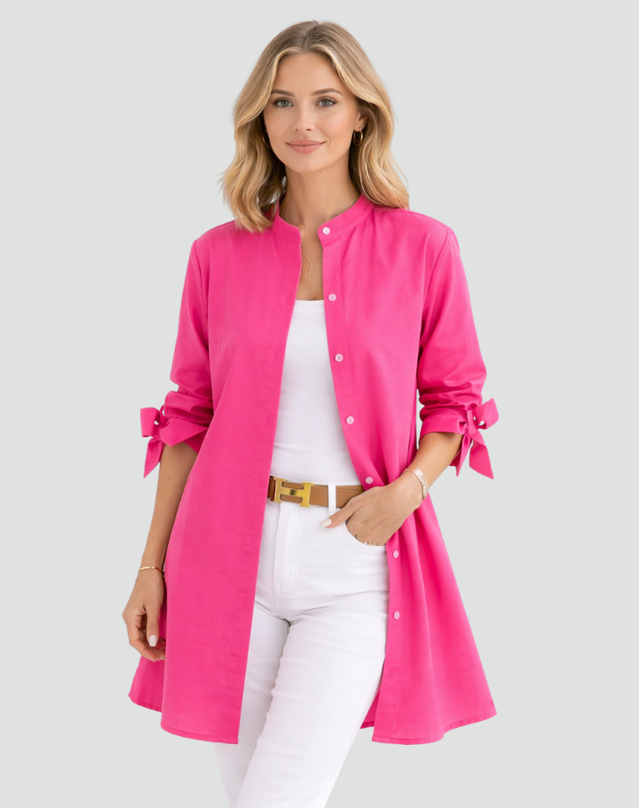 Elegant long oversized shirt with tied sleeves