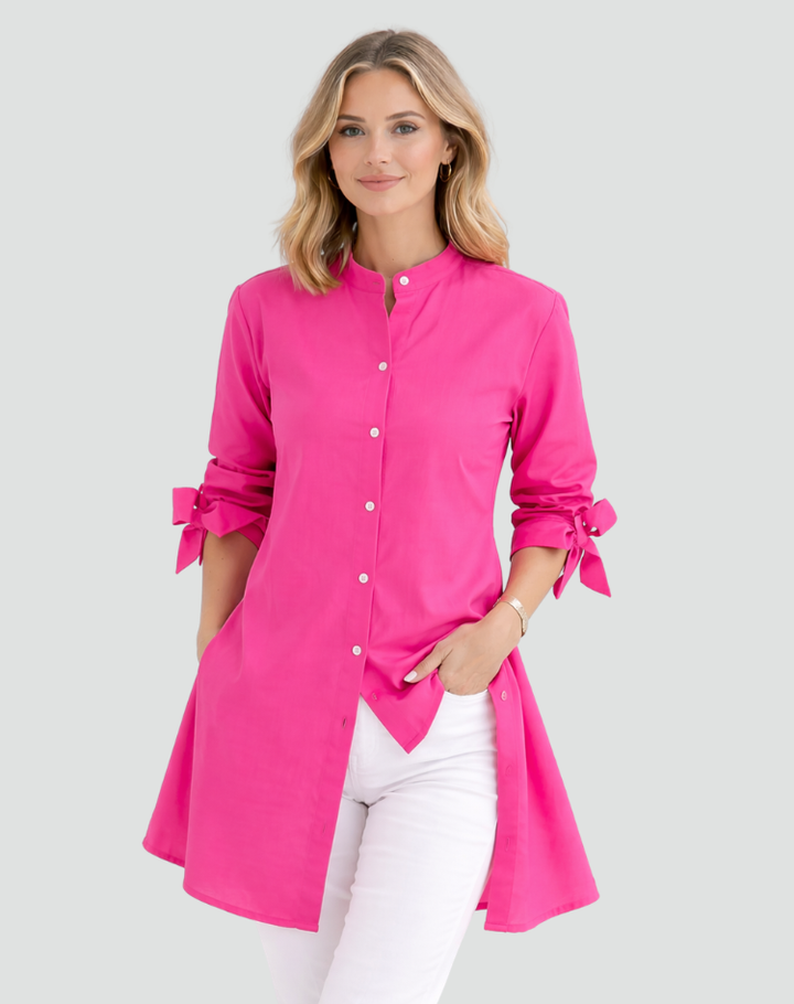 Elegant long oversized shirt with tied sleeves