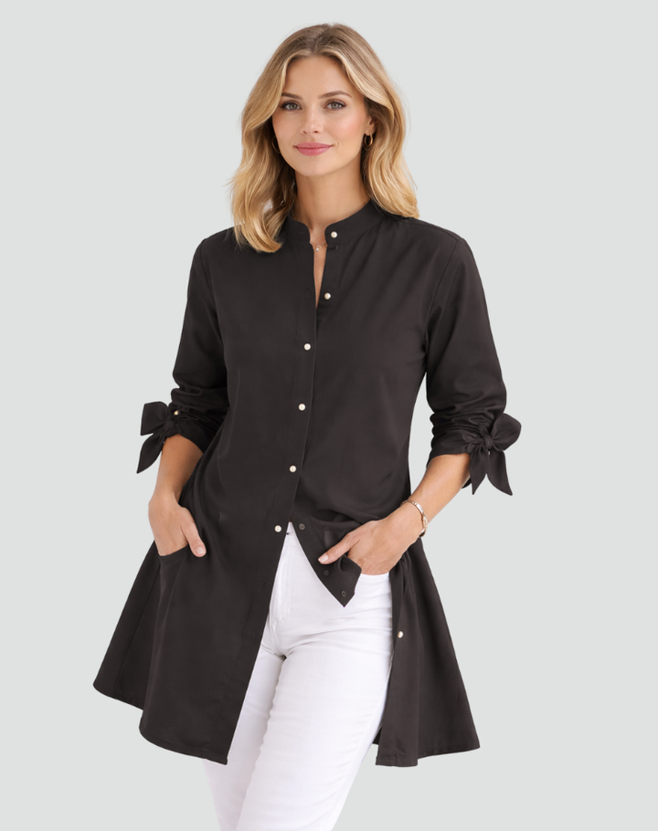 Elegant long oversized shirt with tied sleeves