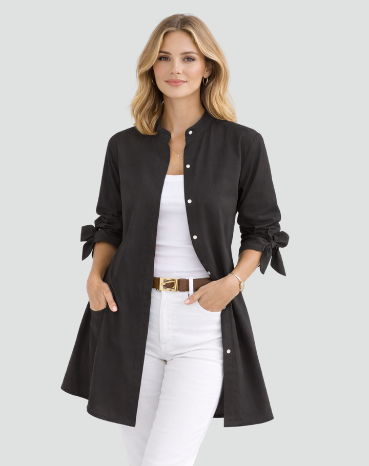 Elegant long oversized shirt with tied sleeves