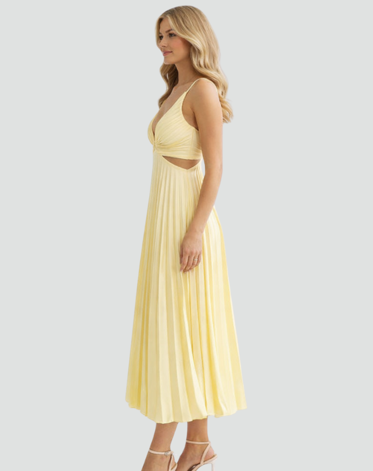 Elegancka plisowana sukienka koktajlowa midi z dekoltem V