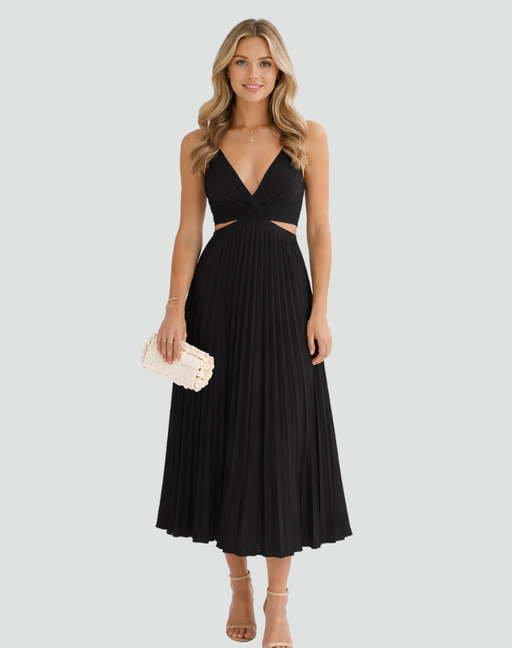 Elegancka plisowana sukienka koktajlowa midi z dekoltem V