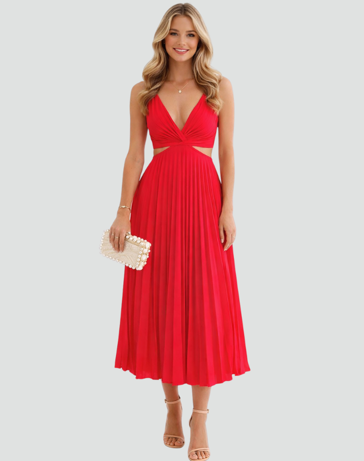 Elegancka plisowana sukienka koktajlowa midi z dekoltem V