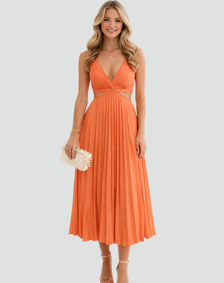 Elegancka plisowana sukienka koktajlowa midi z dekoltem V