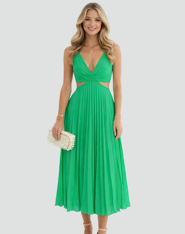 Elegancka plisowana sukienka koktajlowa midi z dekoltem V