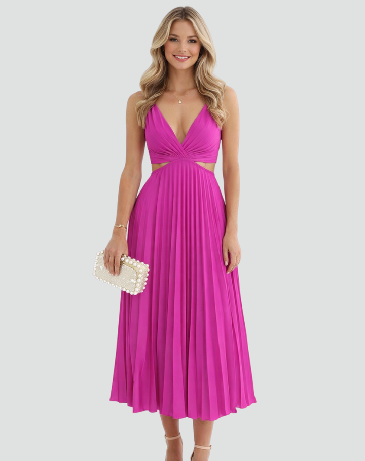 Elegancka plisowana sukienka koktajlowa midi z dekoltem V