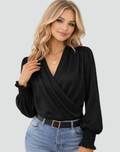 Elegant Satin Women's Wrap Blouse with Long Sleeves