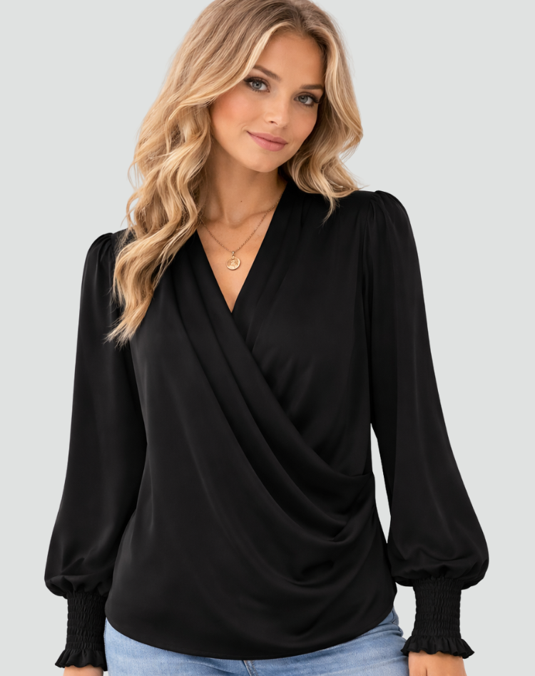 Elegancka satynowa damska bluzka kopertowa z długim rękawem
