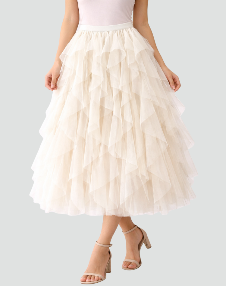 Elegancka spódnica tiulowa damska z falbanami midi