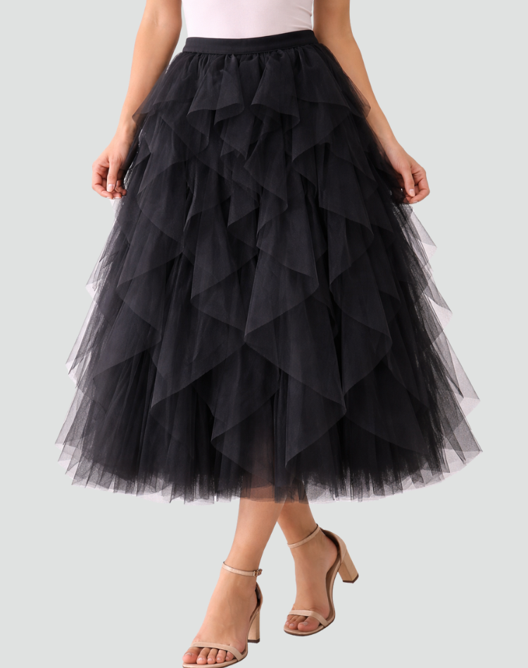 Elegancka spódnica tiulowa damska z falbanami midi