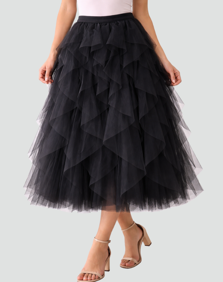 Elegancka spódnica tiulowa damska z falbanami midi