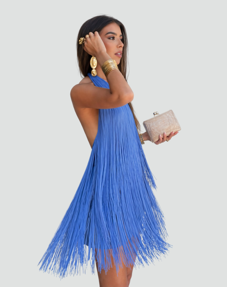 Elegant women's cocktail dress with fringes and halter neckline