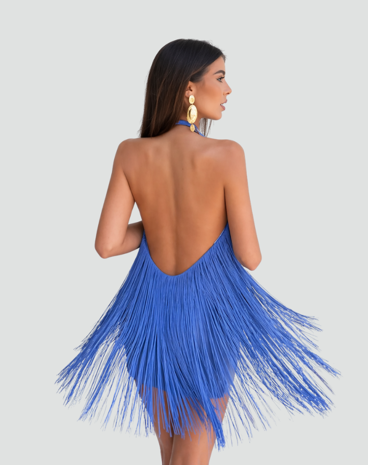 Elegant women's cocktail dress with fringes and halter neckline