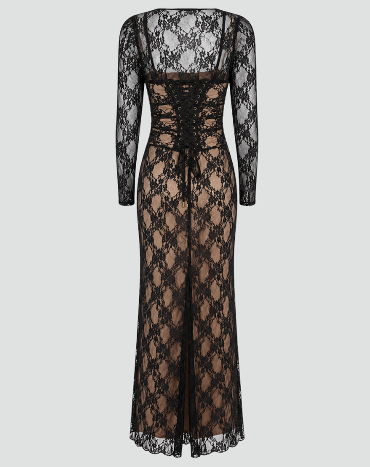 Elegant women's maxi gala lace dress with tie