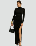 Elegant women's maxi gala dress with high slit and fitted waist