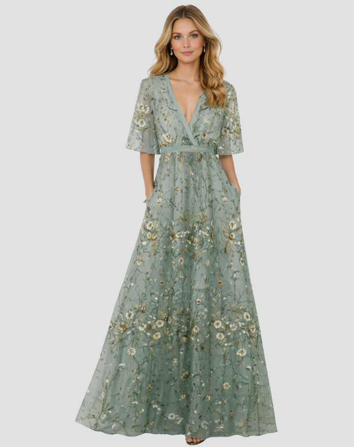 Elegancka sukienka maxi damska w kwiaty z dekoltem V gala