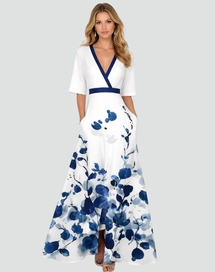 Elegancka sukienka maxi damska w kwiaty z dekoltem V gala