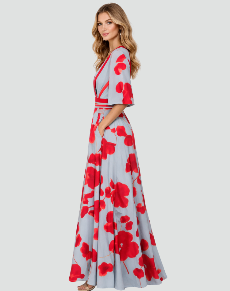 Elegancka sukienka maxi damska w kwiaty z dekoltem V gala