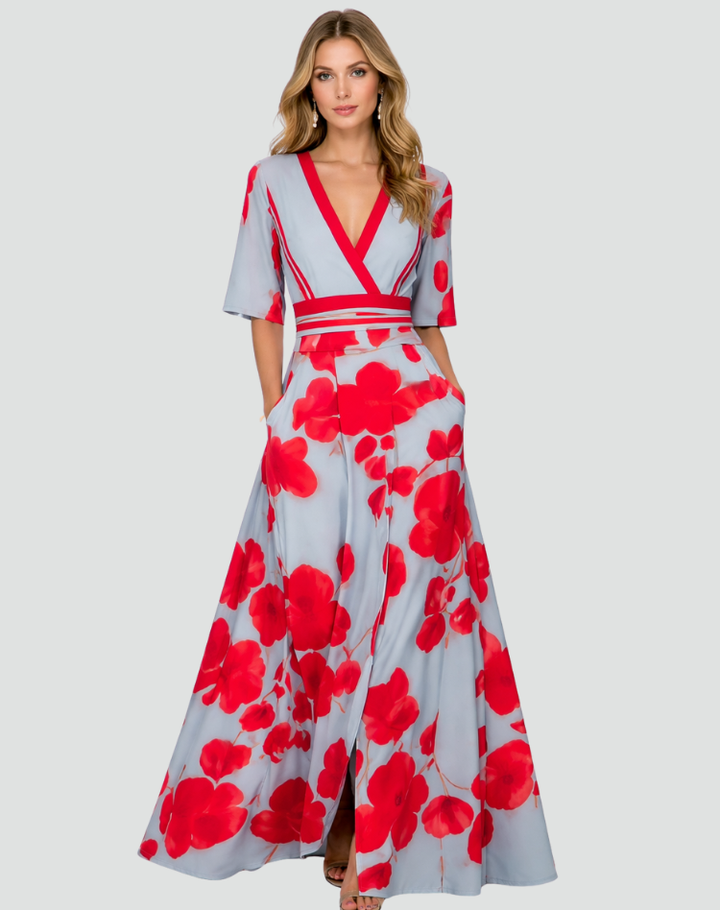 Elegancka sukienka maxi damska w kwiaty z dekoltem V gala