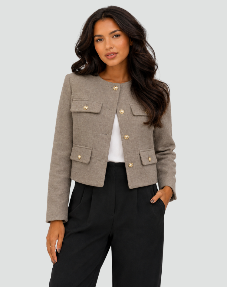 Short collarless jacket with gold buttons