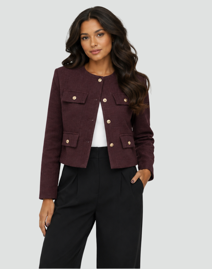 Short collarless jacket with gold buttons