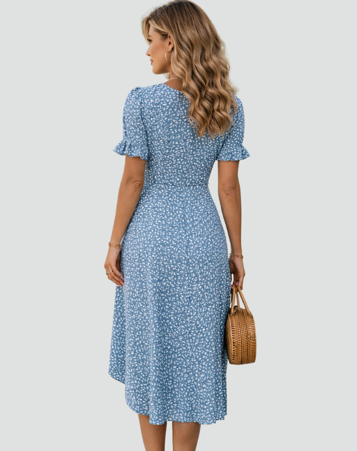 Elegant flowy midi floral dress for women
