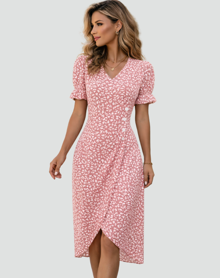Elegant flowy midi floral dress for women