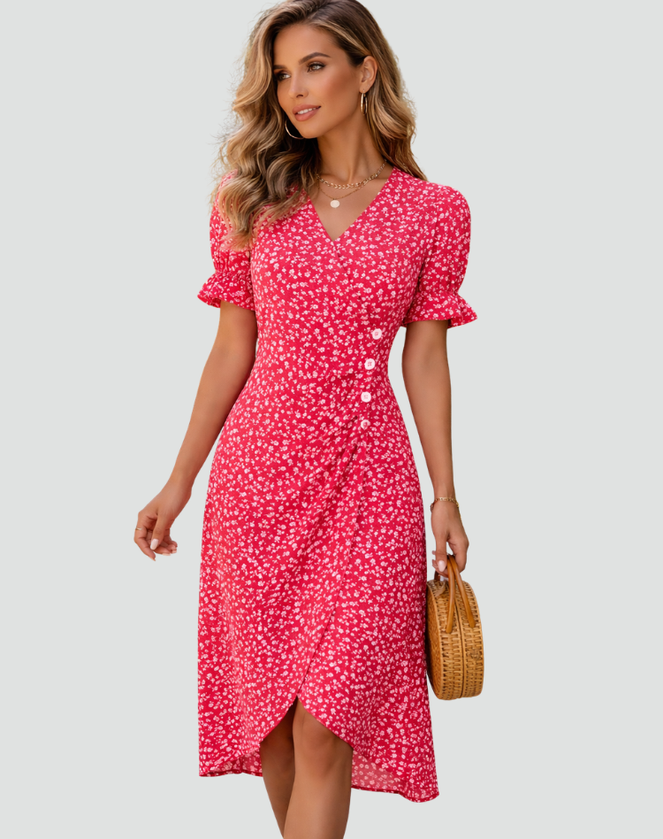 Elegant flowy midi floral dress for women