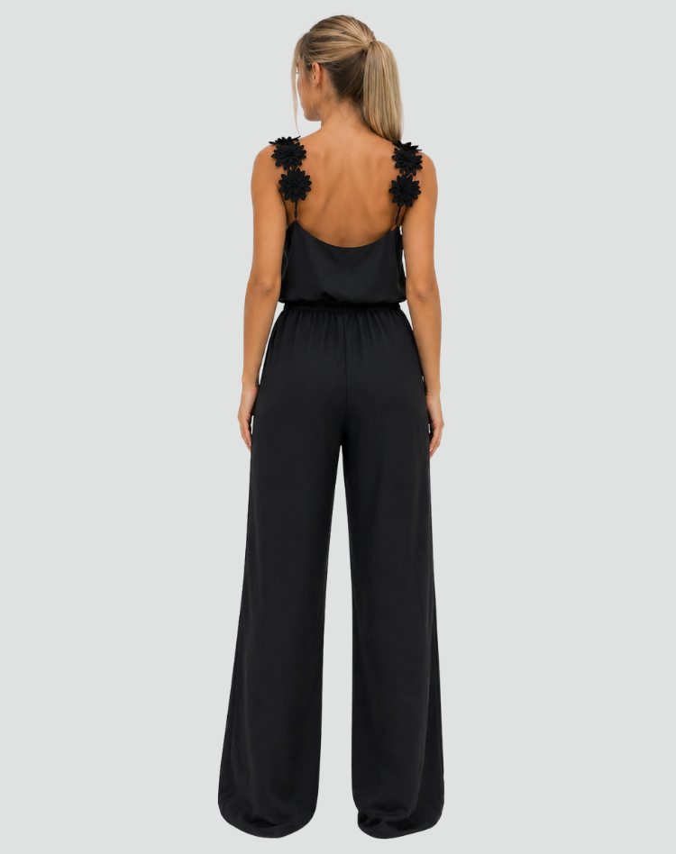 Elegant women's jumpsuit with wide legs and floral straps