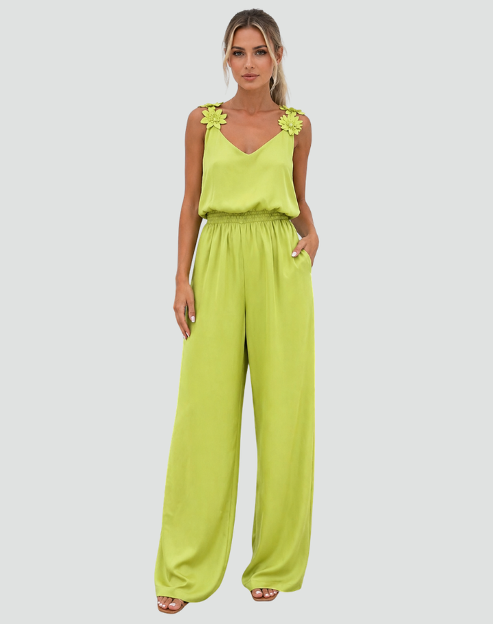 Elegant women's jumpsuit with wide legs and floral straps