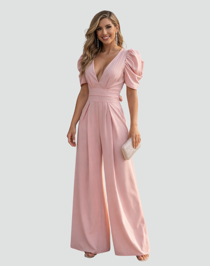 Elegant women's jumpsuit with puff sleeves