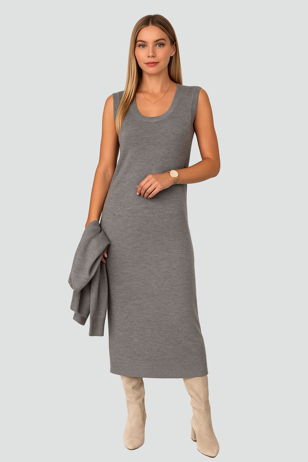 Elegancki komplet dzianinowy damski z golfem i sukienką midi