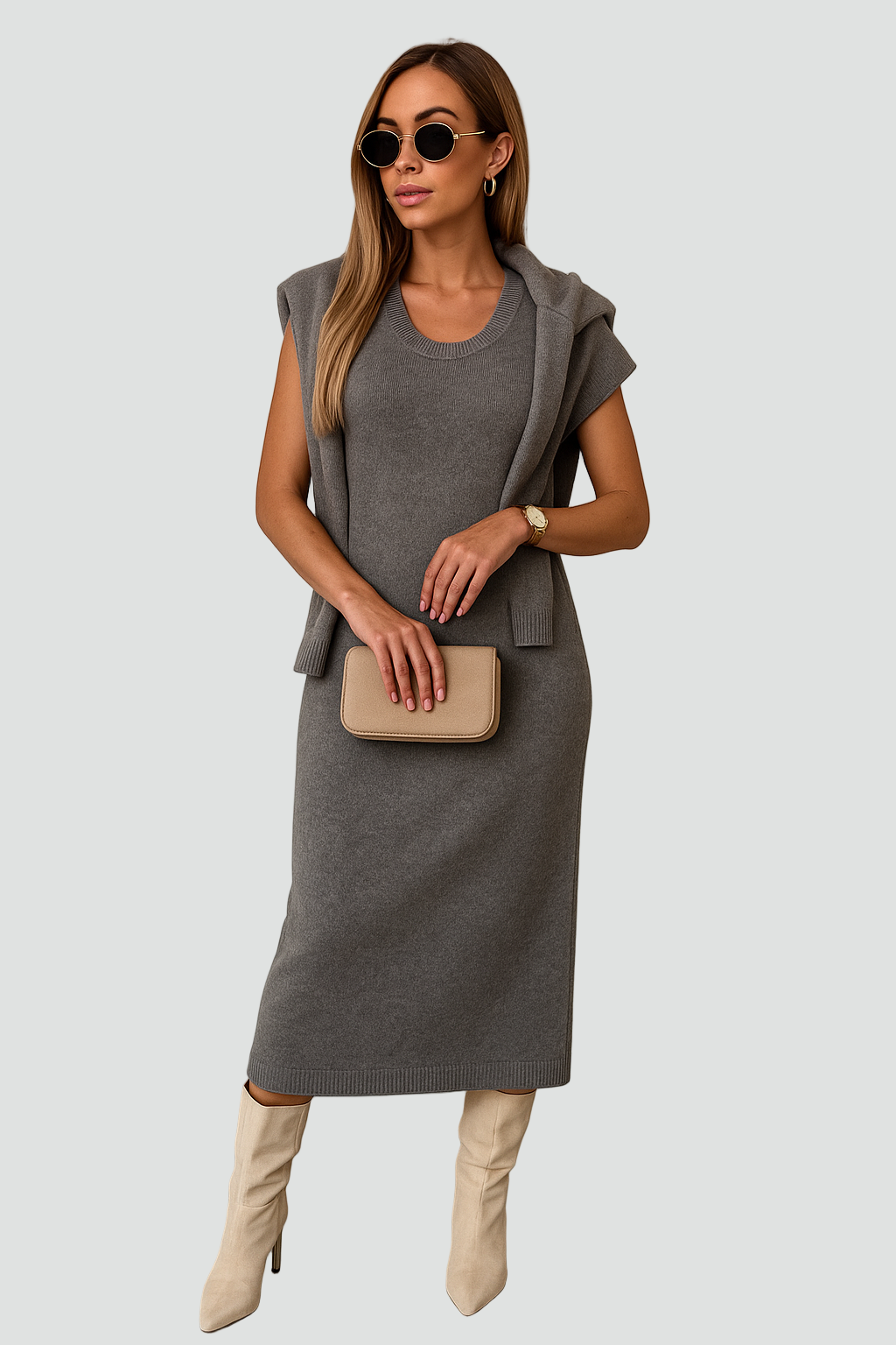 Elegancki komplet dzianinowy damski z golfem i sukienką midi
