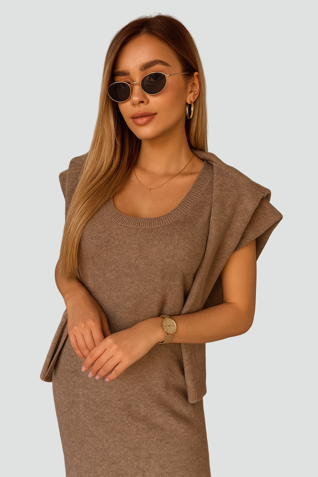 Elegancki komplet dzianinowy damski z golfem i sukienką midi