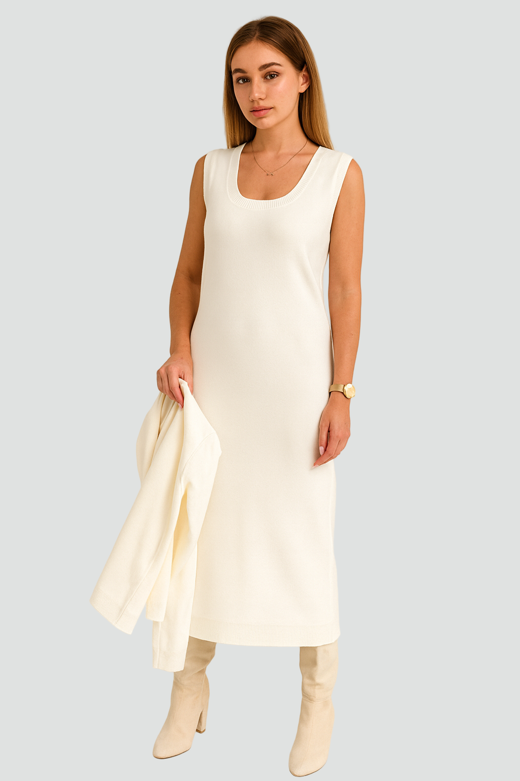 Elegancki komplet dzianinowy damski z golfem i sukienką midi