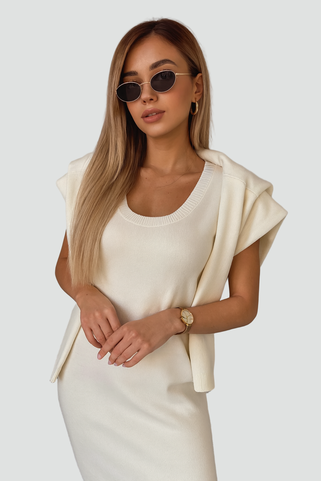 Elegancki komplet dzianinowy damski z golfem i sukienką midi