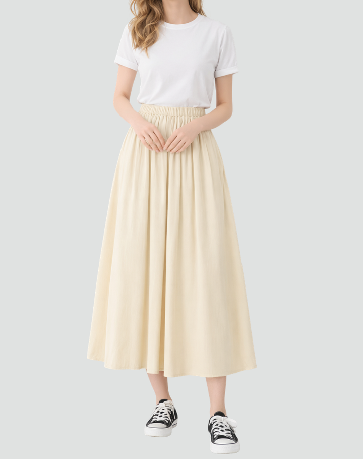Women's Flared Midi Skirt Elastic Waist Casual Basic A-Line