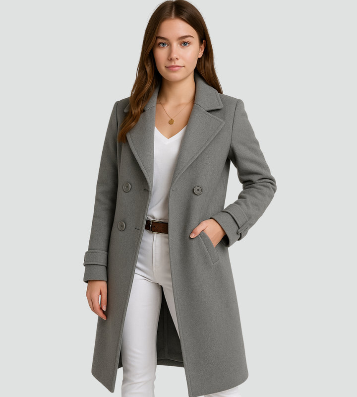 Elegancki trencz płaszcz damski dwurzędowy midi