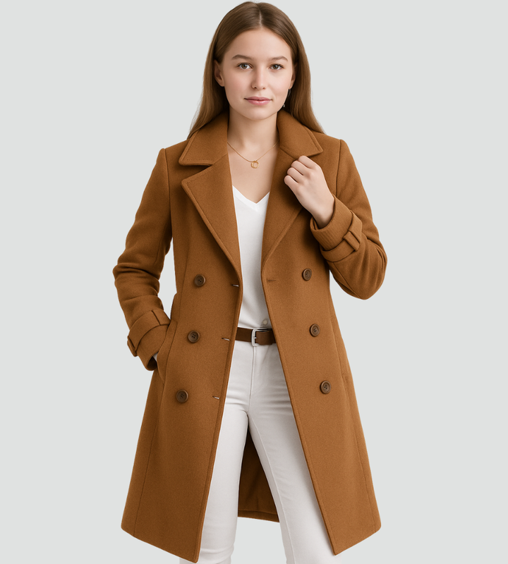 Elegancki trencz płaszcz damski dwurzędowy midi