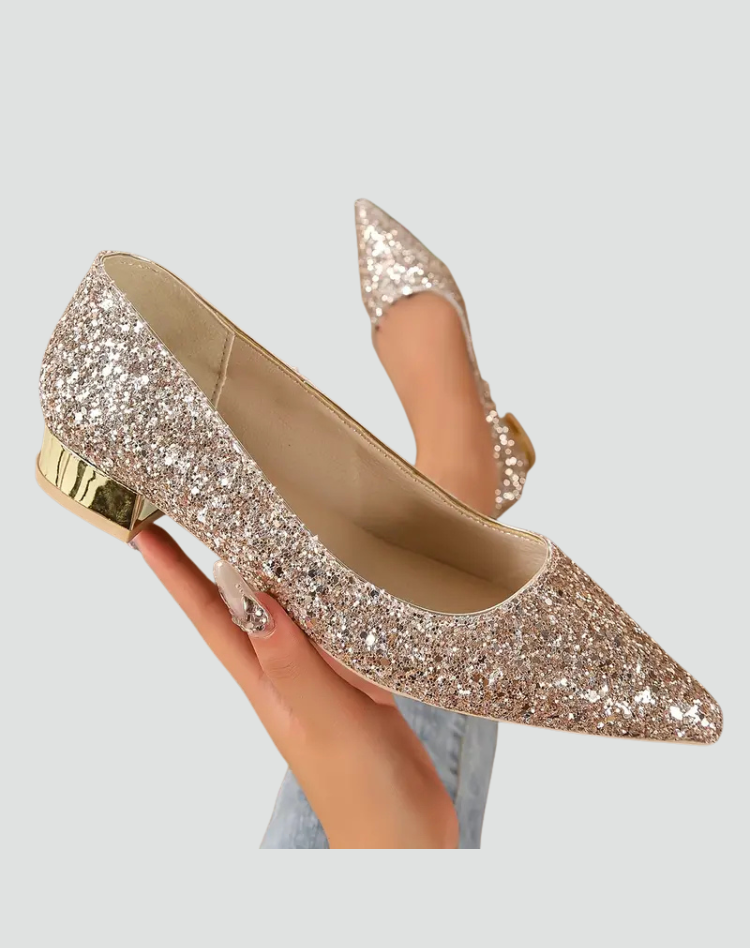 Elegant glitter pointed toe low heel pumps