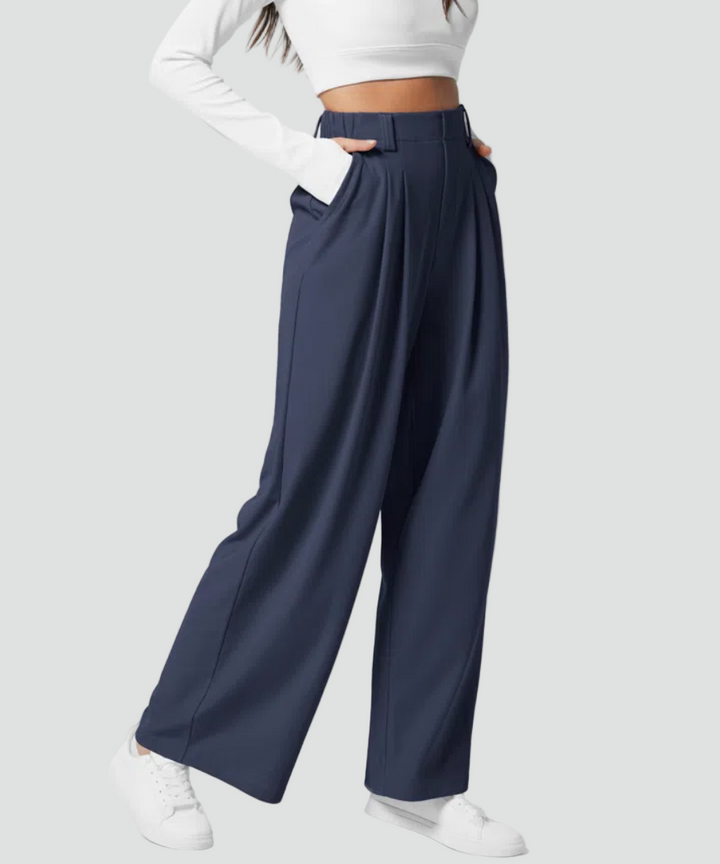 Eleganckie elastyczne spodnie damskie wide leg z wysokim stanem