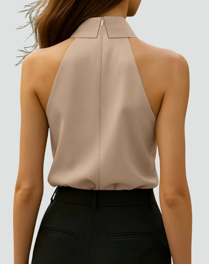 Elegant sleeveless women's top with collar and neck tie